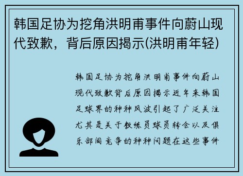 韩国足协为挖角洪明甫事件向蔚山现代致歉，背后原因揭示(洪明甫年轻)