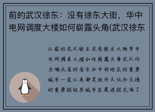 前的武汉徐东：没有徐东大街，华中电网调度大楼如何崭露头角(武汉徐东变电站)