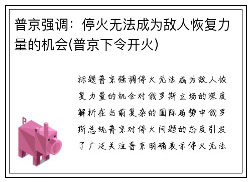 普京强调：停火无法成为敌人恢复力量的机会(普京下令开火)