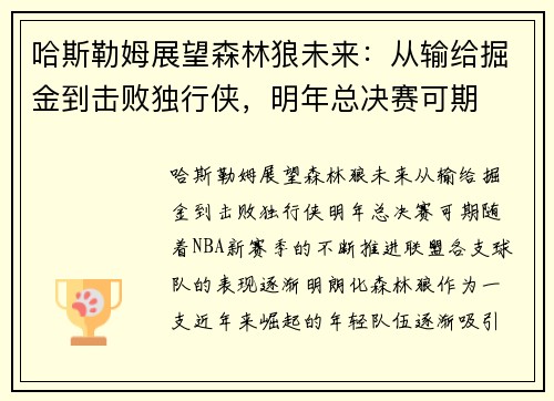 哈斯勒姆展望森林狼未来：从输给掘金到击败独行侠，明年总决赛可期