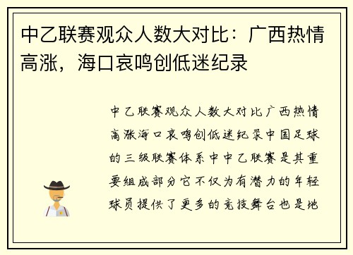 中乙联赛观众人数大对比：广西热情高涨，海口哀鸣创低迷纪录