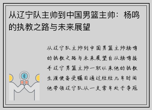 从辽宁队主帅到中国男篮主帅：杨鸣的执教之路与未来展望
