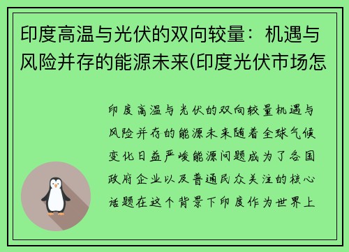 印度高温与光伏的双向较量：机遇与风险并存的能源未来(印度光伏市场怎么样)